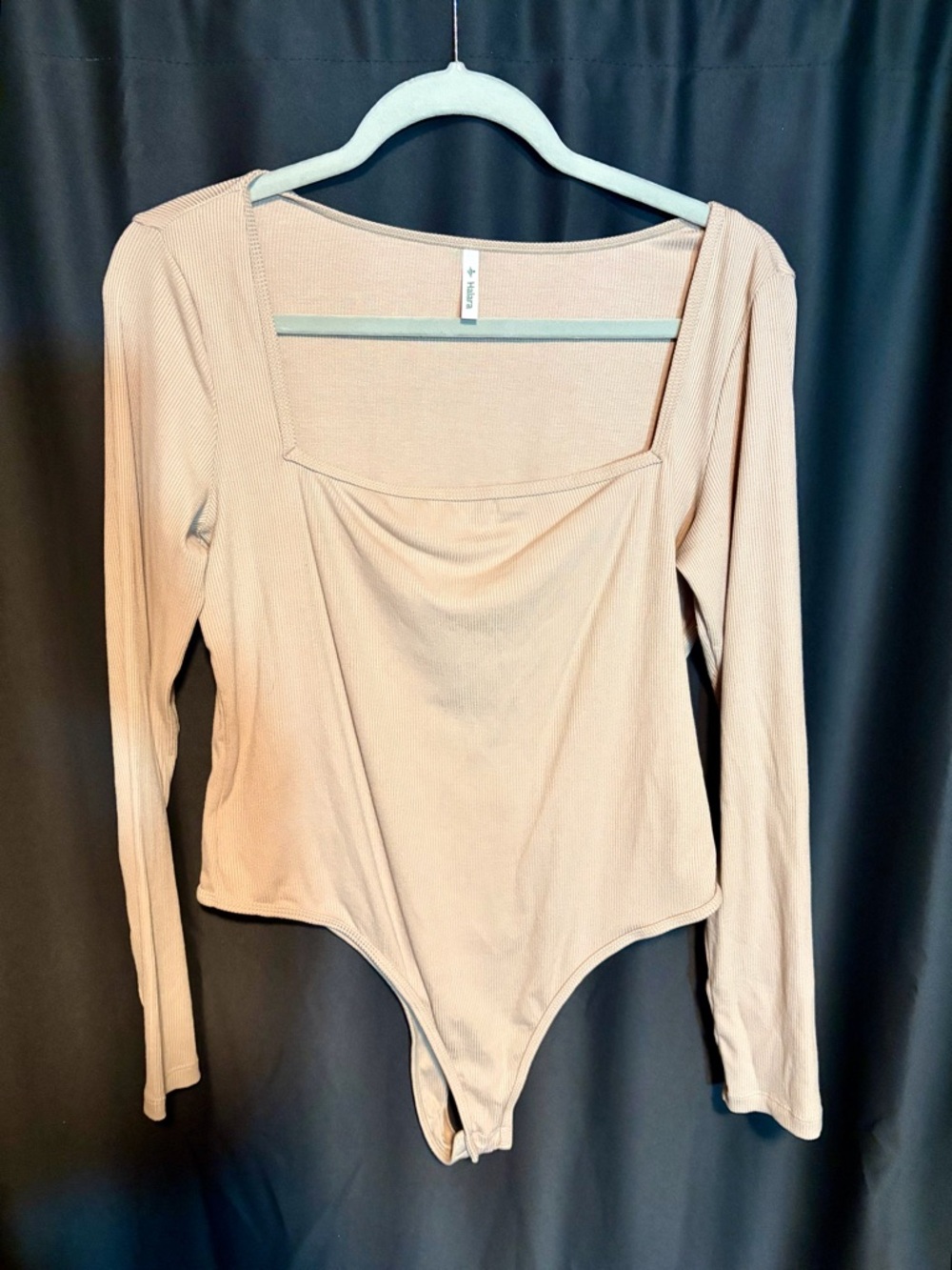 HALARA Ribbed knit Square Neck Long Sleeve Bodysuit - Beige/Tan